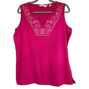 Great Northwest Boho Knit Pink Embroidered Beaded V-Neck Tank Top Womens L